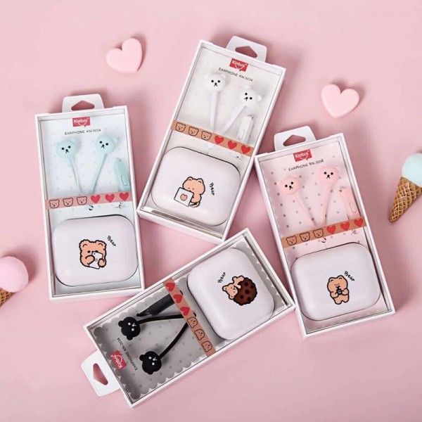 Kn-3034 wired earphone with storage box cute bear series music earphone by wire in ear earplug